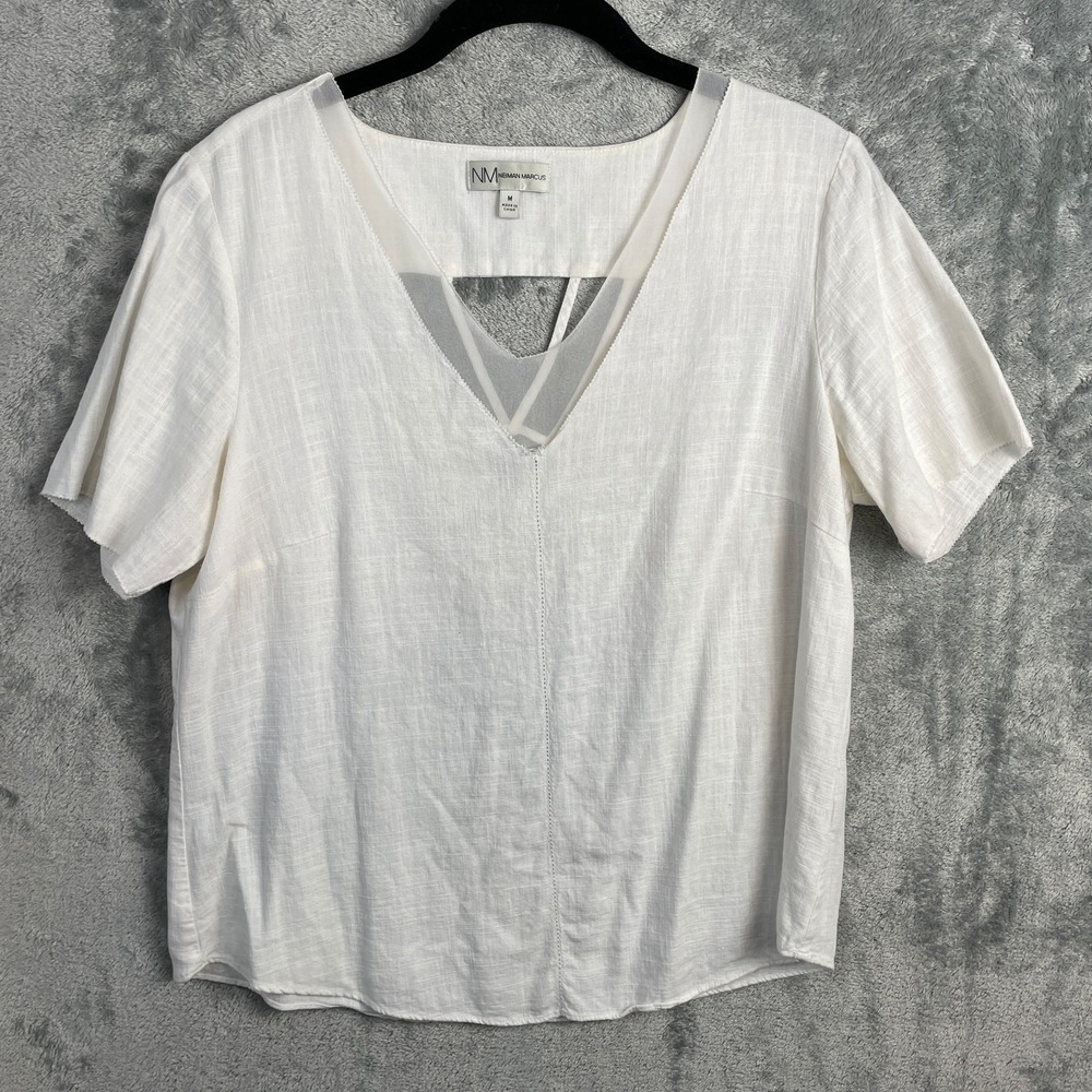Neiman Marcus Top Womens M White V Neck Cut Out Short Sleeve Linen Blend Blouse